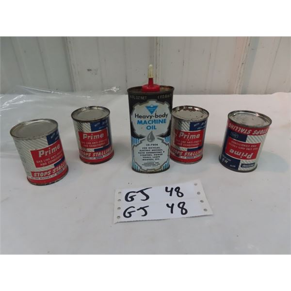 Oil Tins - 4) Prestone Gas Line Antifreeze & 1) Canadian Heavy Body Machine Oil
