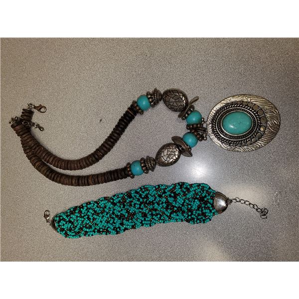 Turquoise Art Necklace & Beaded Bracelet