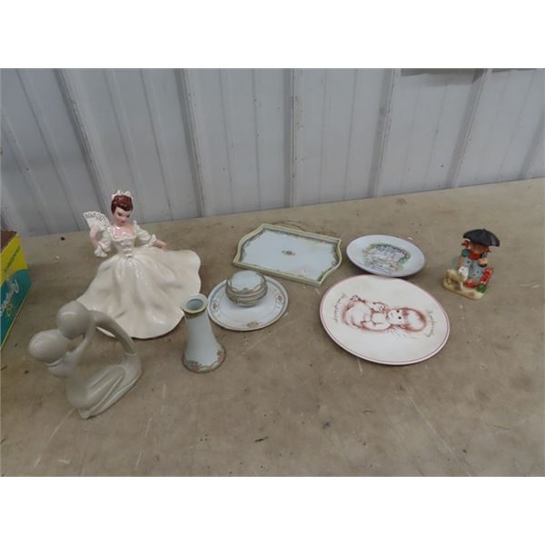Stone Figurine & Misc Figurine Ornaments, Vase, Trinket Box &Trays/Plates