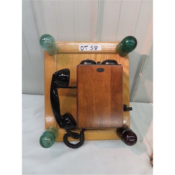 Wood Telephone Mounted on Wood Panel w Insulators