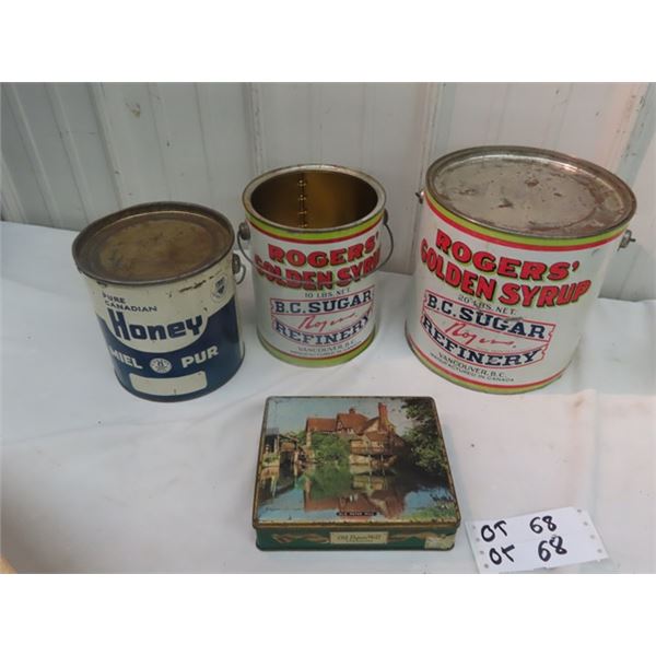 4 Tins - 3 Are Honey 1) 20 LB 1) 10LB & 1) 8LB