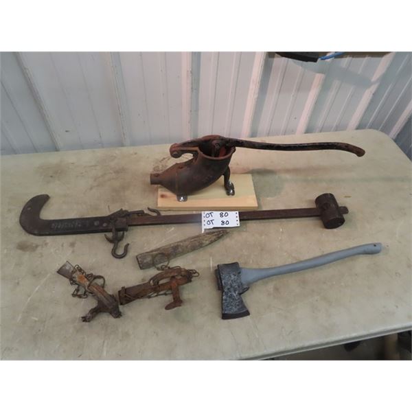 Sausage Press, Gurney Beam Scale , 2 Leg Traps & Old Axe