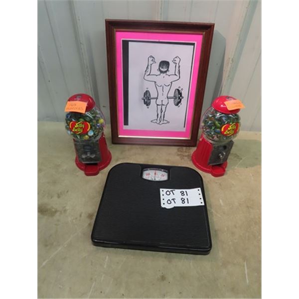 Approx 318 Marbles , 2 Gumball Machines, Bathroom Scale & Iron Pumping Iron Picture