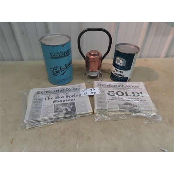 Railway Lantern , 2 Cleaners Tin, & Territorial Newspaper