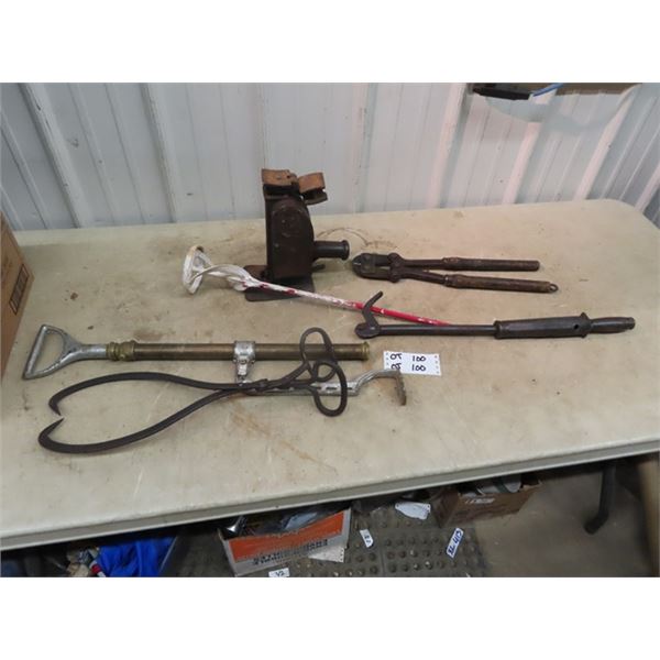 Old Auto Jack, Bienge Pump, Bolt Cutters, Ice Tongs & Wood Box