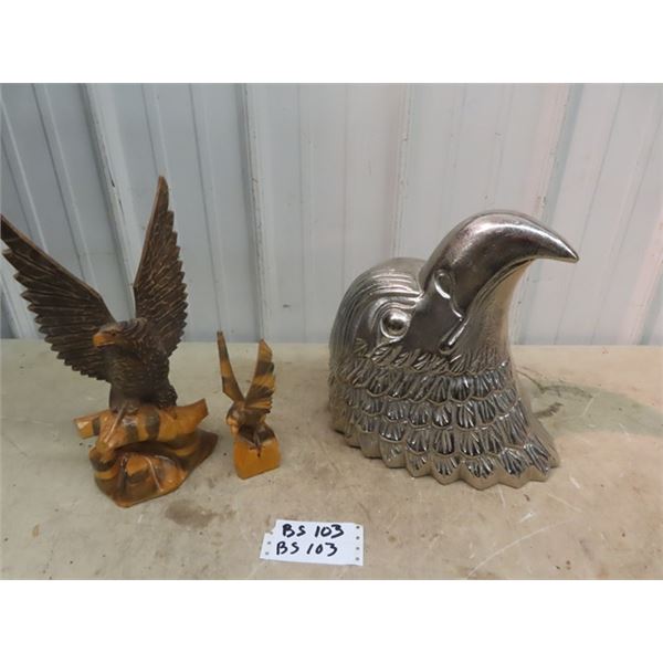 3 Eagle Ornaments - 2 Are Wood & 1 Is Wall Metal Wall Mounted