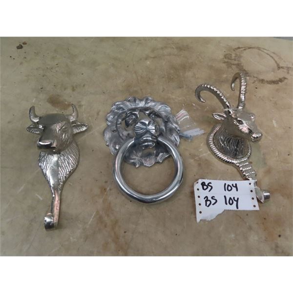 3 Items- Metal Lion Head Door Knocker & Hall Mount Animal Head Hooks