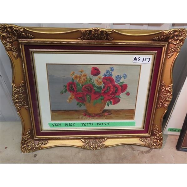 Beautifully Framed Flower Petite Point Picture 21" x 25"
