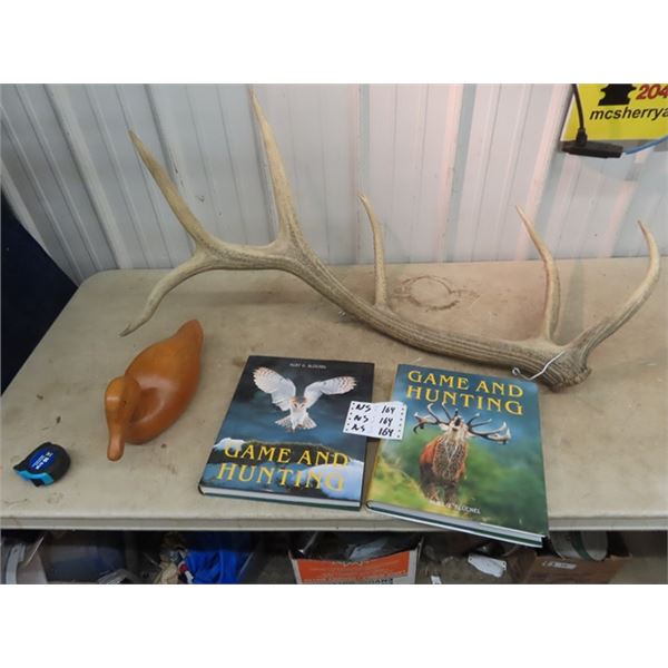 Elk Shed - Approx 46" Long, Wood Duck Ornament, & 2 Game & Hunting Books