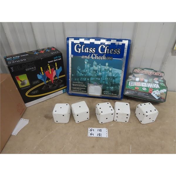 New Games- Chess Set, Texas Hold Em Poker, Lawn Dart set & 5) 3.5" x 3.5" Wooden Dice!