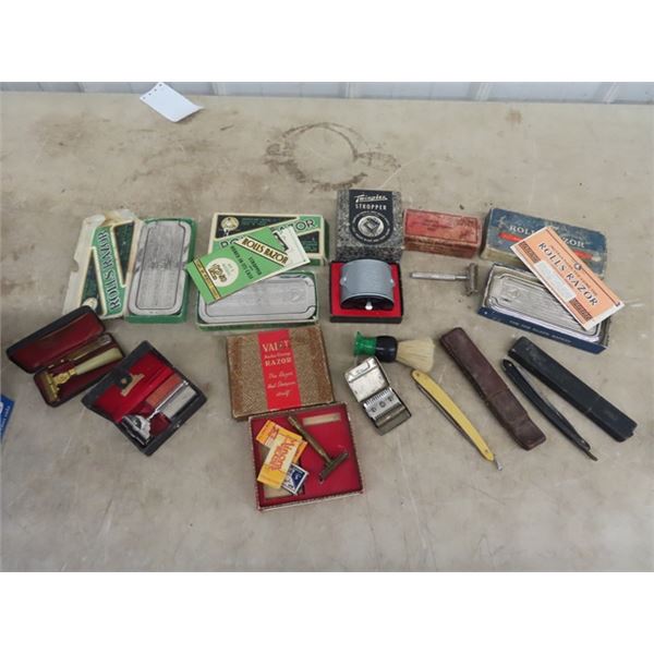 Vintage Shaving Items - Straight Blades, Razors All in Boxes, & Some w Pamphlets, Rolls Razor Valet 