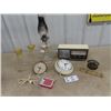 Image 1 : Coal Oil Lamp, 2 Extra Chimneys, Panasonic Radio, Alarm Clock & Wall Clock