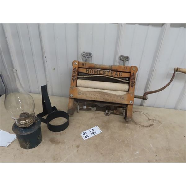 Wall Mount Coal Oil Lamp & Homestead Laundry Wringer
