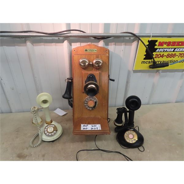 (AF) 3 Vintage Style Phones - Rotary 1) Oak Wall Mount & 2) Candlestick