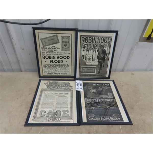 4 Framed 1916 Paper Adv 2) Robin Hood 1) Case 1) Canadian Pacific 12" x 14.5"