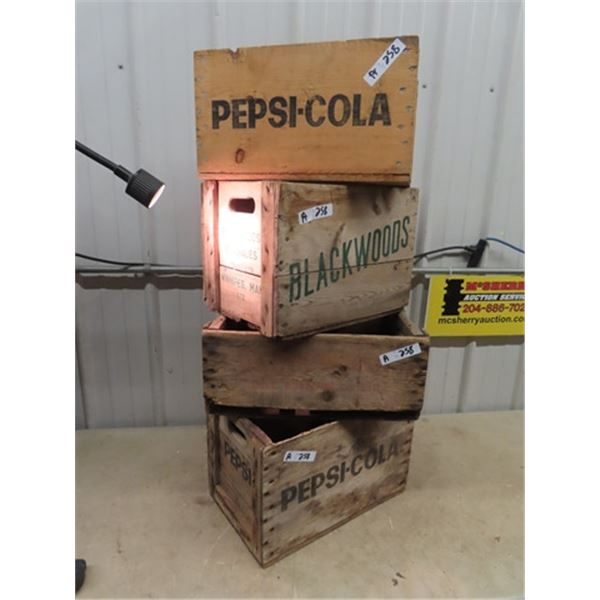 4 Wooden Pop Crates- Pepsi, Blackwoods, & Bell
