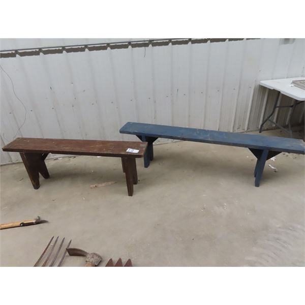 2 Vintage Benches 1) 20"H 55" L 9 " D 1) 18" H 71" L 9"D