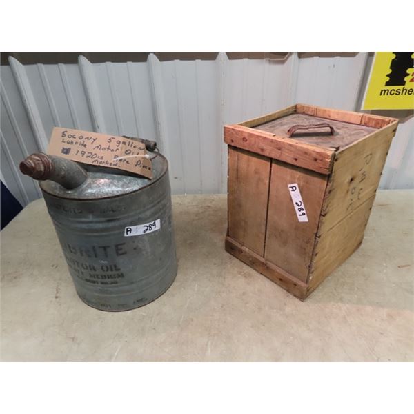 Socony 5 Gal Oil Can - Rare w Print & Crated Oil Tin