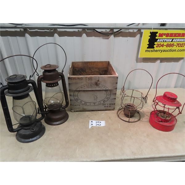 Butter Box , 2 Barn Lanterns & 2 Other Lanterns - Not Complete