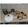 Image 1 : Shell Zone Antifreeze, Shell Outboard, Texaco Tin, Porc Light Fixture 14"RD, Auto Dash Clock, & Sque