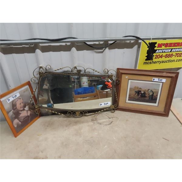 Framed Barbara Stanwick Picture, Mirror 16" x 25" , & Framed Harvest Picture