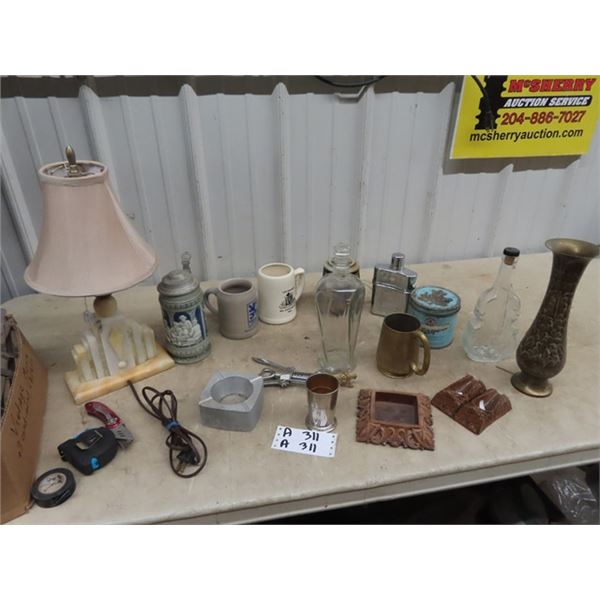 Steins, Alabaster Lamp, Decanter, Ashtray Pipe Rest Plus More!