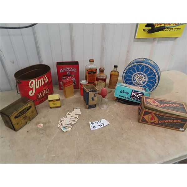 Store Product Tins, Medicine Bottles, Box of Fly Catchers, & Products