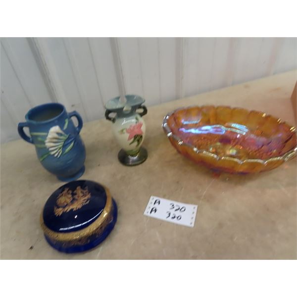 Limoge Jewelry Dish w Gold Inlay, Hull Vase, Roseville Vase (Repaired Chip) & Carnival Fruit Dish