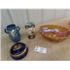Image 1 : Limoge Jewelry Dish w Gold Inlay, Hull Vase, Roseville Vase (Repaired Chip) & Carnival Fruit Dish