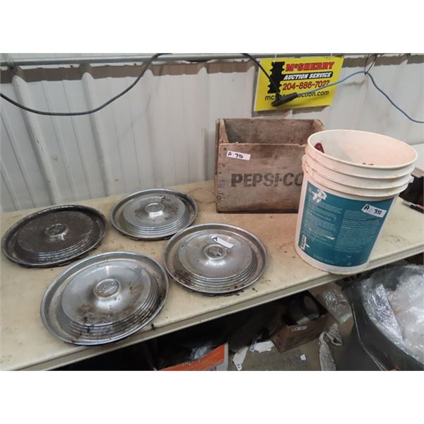 Set 4 Hubcaps, Pepsi Crate & Pail of Trailer Lights