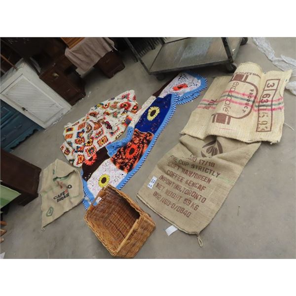 2 Afghans , 3 Gunney Sacks w Adv  & Basket