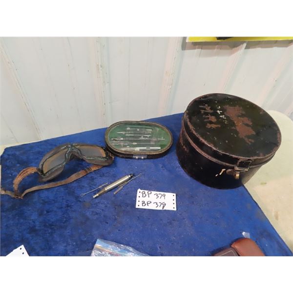 WW 2 German Officer Storage Case, WWI Goggles & Flashlight, Compass comes w Leather Case
