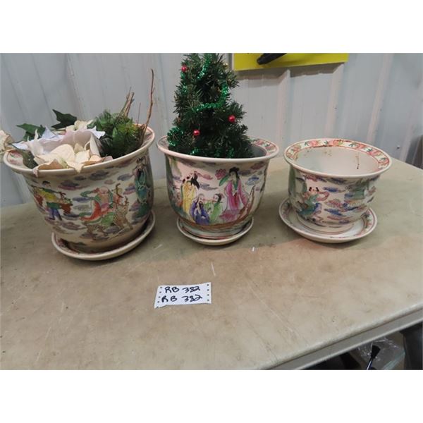 3 Planters w Oriental Designs & Artificial Plants