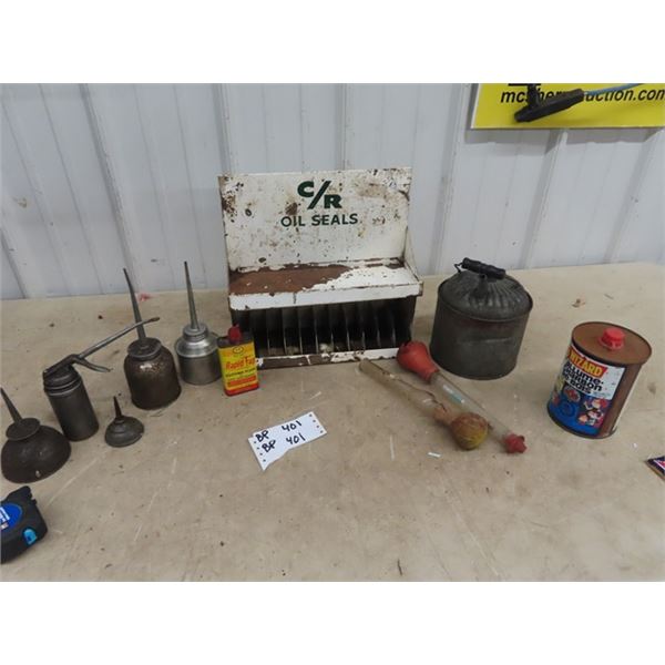 CR Oil Seal Rack 12" H 12"W, OIl Squirt Cans, Kerosene Pail,  & Testers