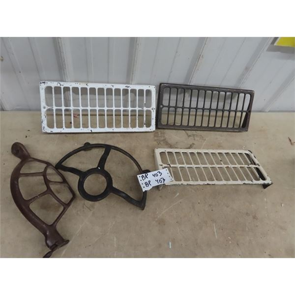 3 Cast Heater Grates & 2 Cast Sewing Pieces For Repurposing