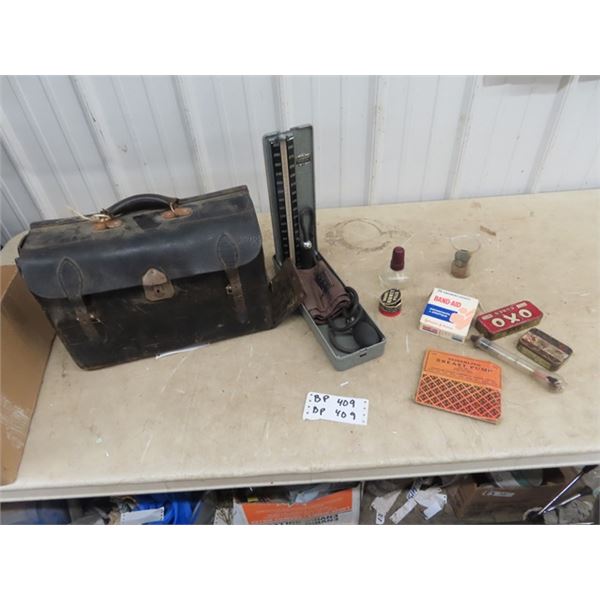 Doctor's Bag , Hi Blood Pressure Machine w Case, &  Misc Containers