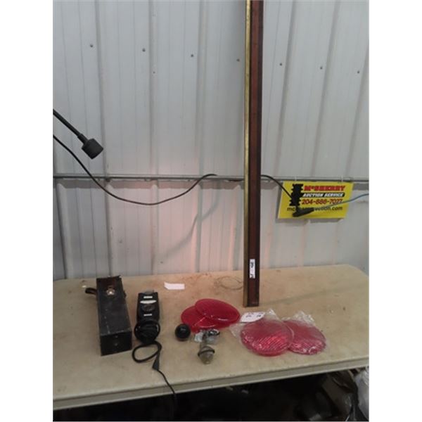 1913 6' Ruler Brass & Wood, GE A-C Kilowatts Tester, & Traffic Light Lens