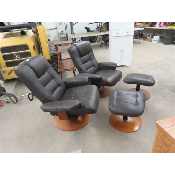 Set of Leather Swivel Chairs w Ottoman