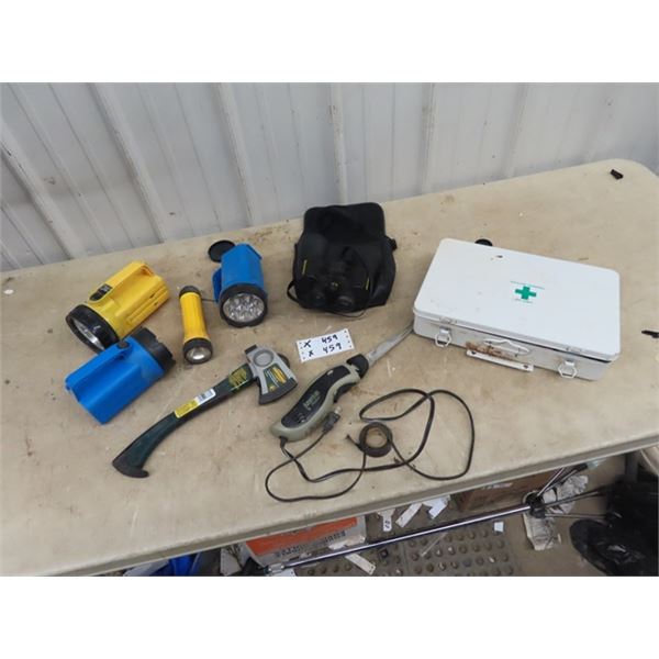 Bushnell 10 x 50 Binoculars, Hatchet, Flashlights & 1st Air Kit