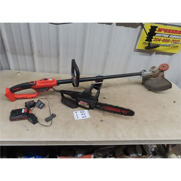 B & D 20 Volt Weedeater 1 Battery & Charger & Mastercraft Elec Chain Saw