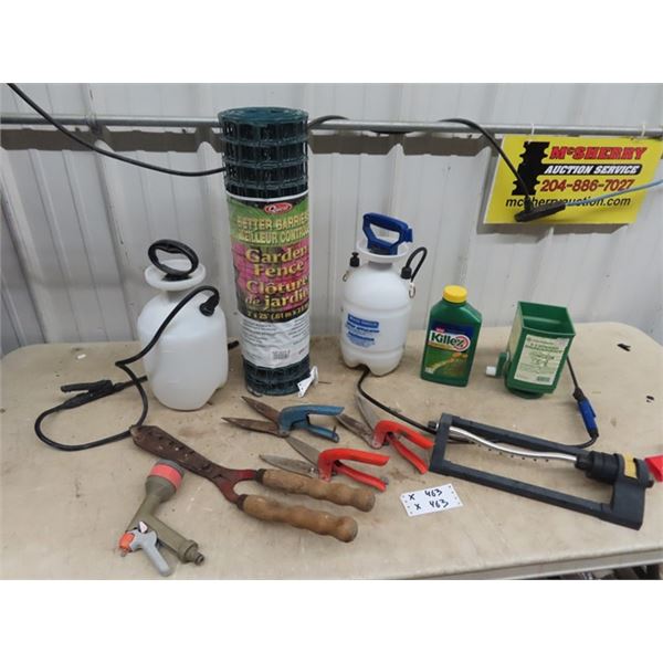 Bottle Sprayers Pruners, Sprinkler, Roll of Garden Fence Plus More