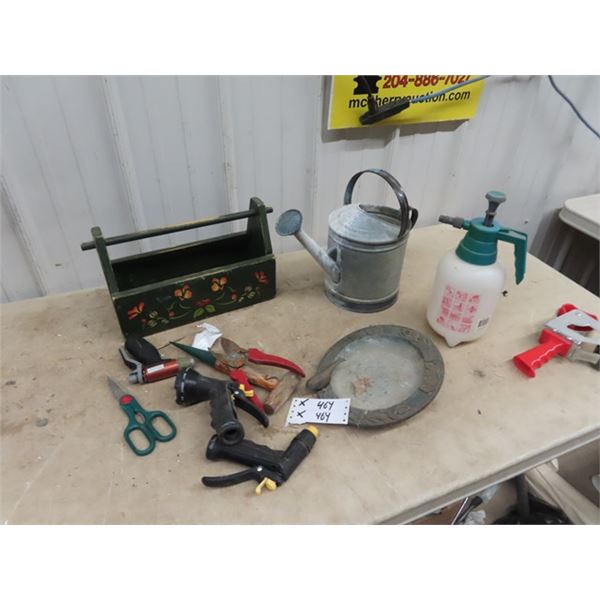 Wooden Garden Tool Box, Watering Pail, Sprayer, Pruners, & Hibatchi Coal BBQ