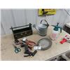 Image 1 : Wooden Garden Tool Box, Watering Pail, Sprayer, Pruners, & Hibatchi Coal BBQ