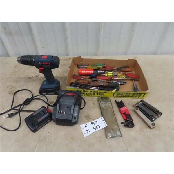 Bosch 18 Volt Drill, 2 Batteries, & Charger, Allan Wrenches, & Screw Drivers