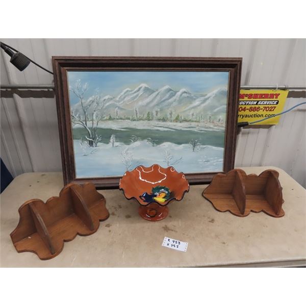 Painting on Canvas By V Medley 30"x40" 2 Corner Wooden Shelves & Center Piece