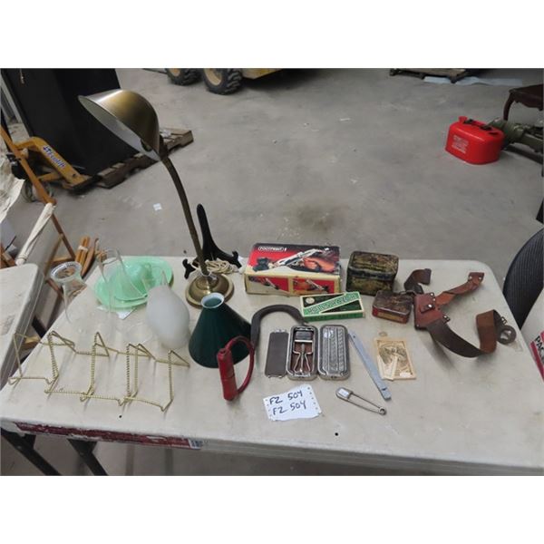 3 Pcs Jadite Fire King Dishes, Brass Lamp, Rolls Razor Sharpener, Lantern Chimneys, Wood Planer Plus