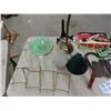 Image 3 : 3 Pcs Jadite Fire King Dishes, Brass Lamp, Rolls Razor Sharpener, Lantern Chimneys, Wood Planer Plus