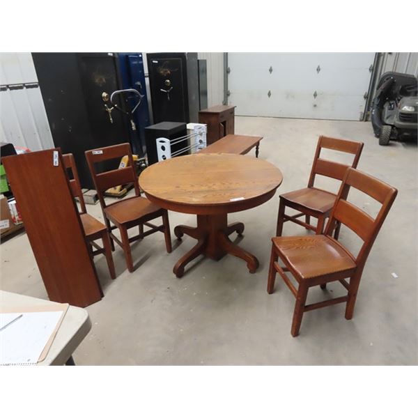 Oak Pedestal Rd Table 42" Rd & 4 Oak Chairs & 2 Leaves 12" Each