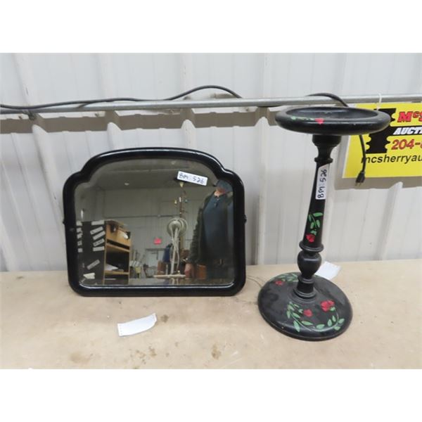 Wood Framed Bevelled Mirror 23" x 19" & Painted Wooden Ashtray Stand