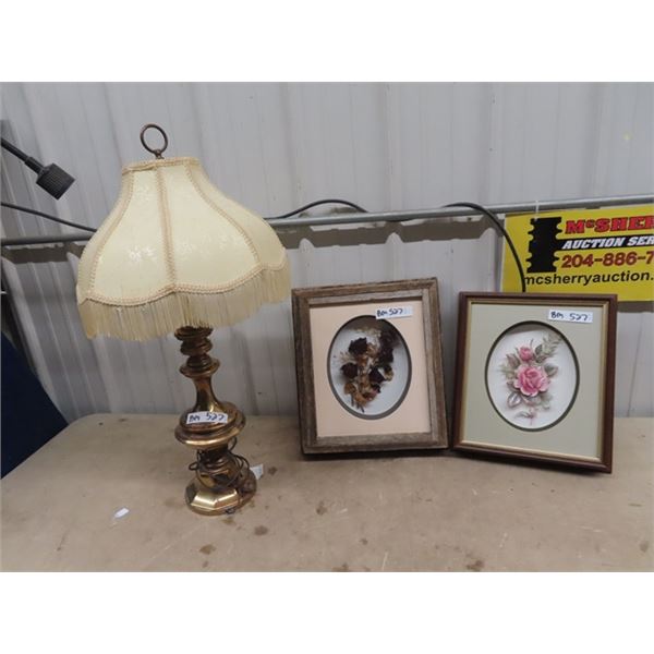 Brass Lamp & 2- 3 D Framed Flower Pictures